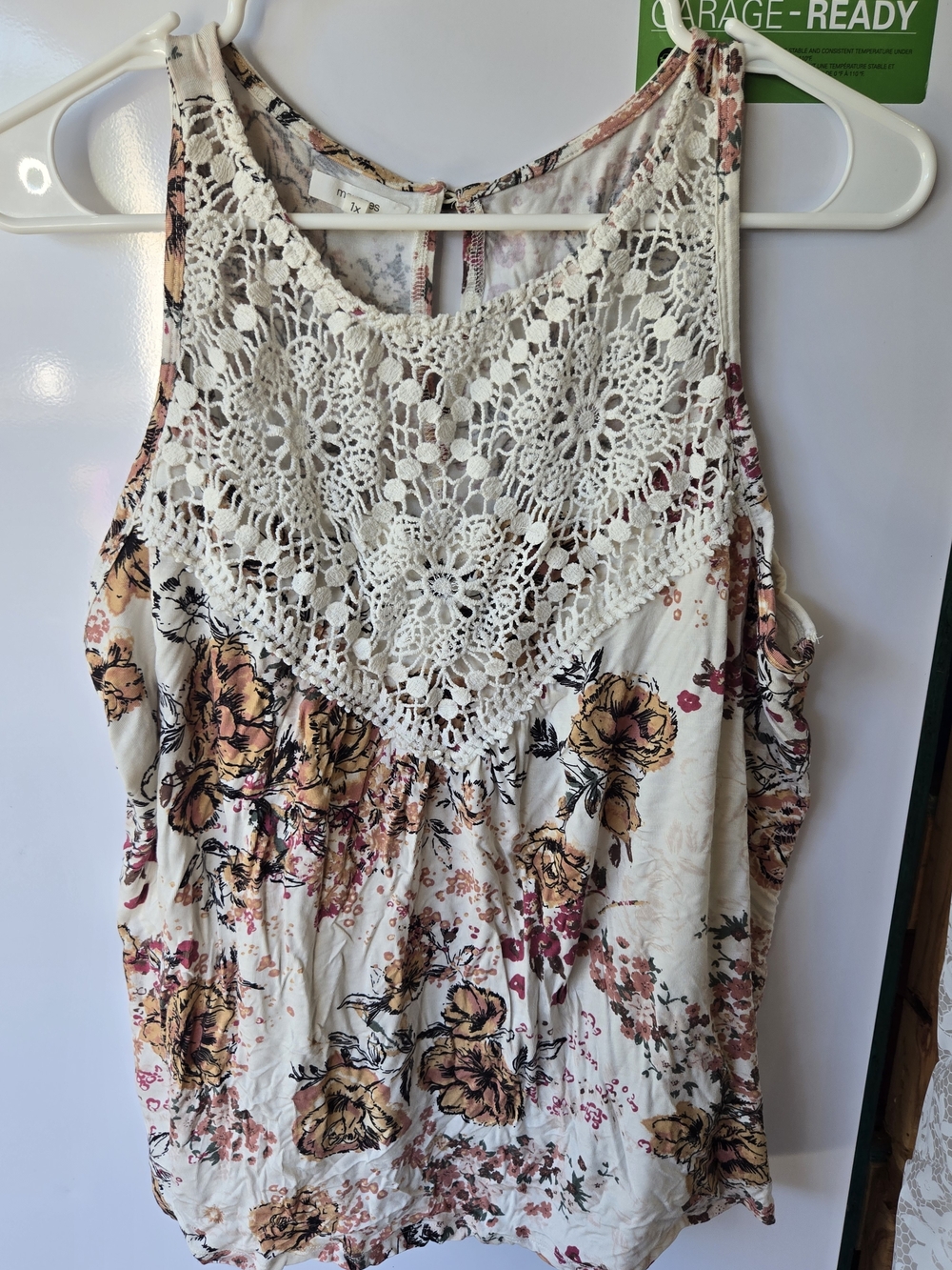 Maurices Cream Floral Tank Top with Crochet Top. Fits Xl